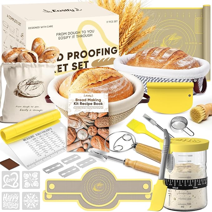 Sourdough Starter Kit with Cotton Rope Banneton Basket & Jar, Bread Baking Supplies and Tools Set, Complete Sourdough Bread Making Kit, Baking Gift for Women Moms & Beginners