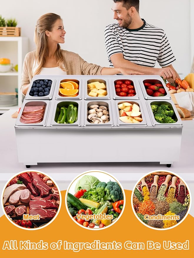 Lanstics Pizza Topping Station 10 Pans Pizza Storage Container Topping containers with Lids Spoon Condiment Organizers Buffet Containers Set for Restaurant Pizza Sauce Jam Fruit Ingredient