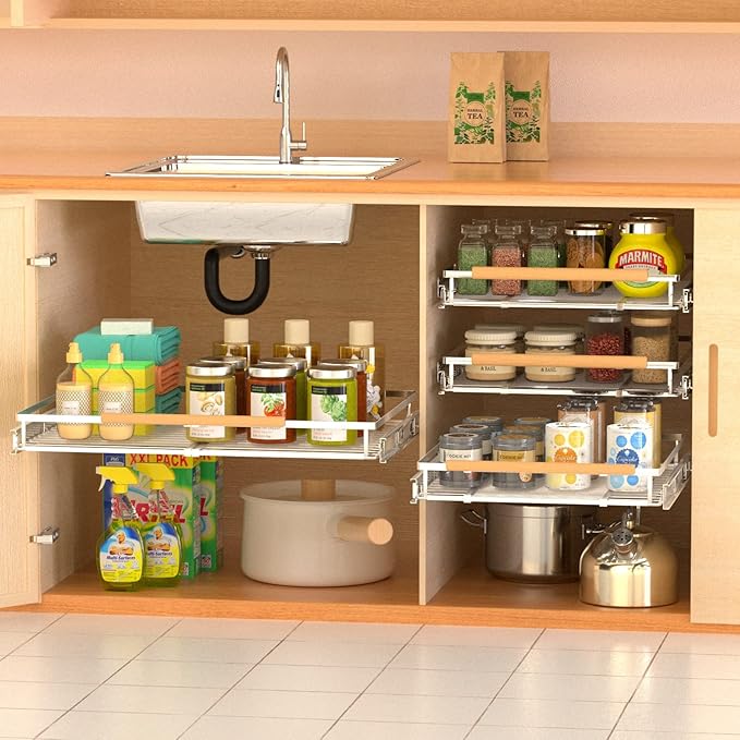 SOFRON Adjustable Pull Out Shelves for Kitchen Cabinet, Expandable Pull Out Drawders for Cabinets, Pull Out Cabinet Organizer Roll Out Drawers, Stainless Steel, Cabinet Width 16.2" - 26.2", 1 Pack