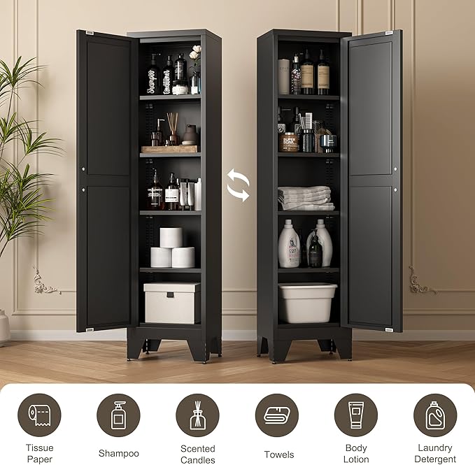 LCAOPC 67" Tall Narrow Bathroom Metal Storage Cabinet with 4 Adjustable Shelves, Freestanding 5 Tier Slim Pantry Storage Cabinet for Small Space, Black