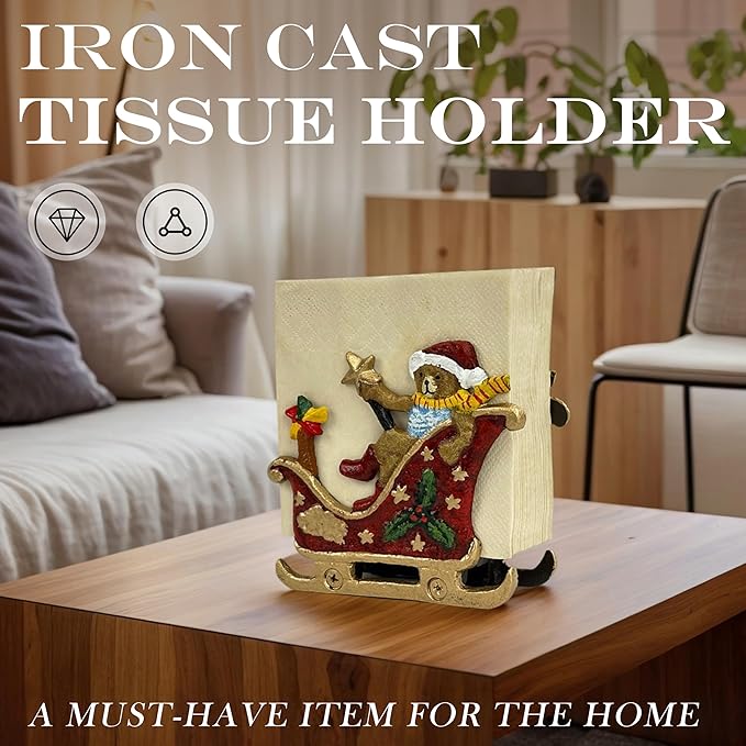 Linton Arts Cast Iron Napkin Holder for Table, Decorative Cocktail Napkin Holder with Bear Sleigh Design, Heavy Duty Napkin Dispenser for Paper Napkins, Kitchen Island Decor