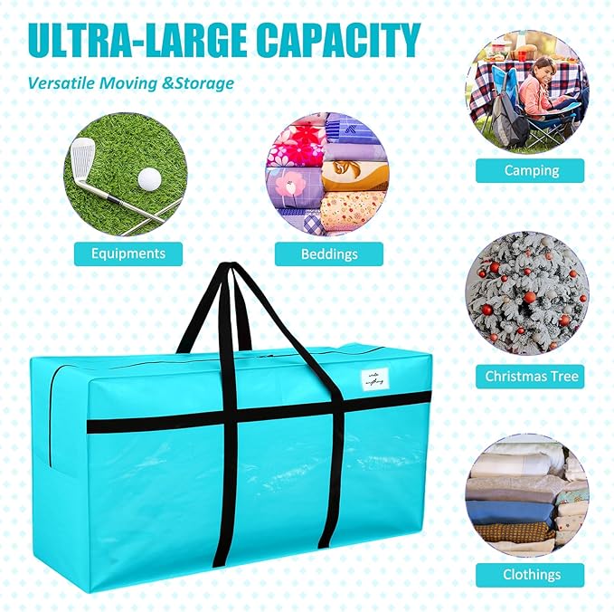 4 Pcs 96 Gallon Extra Large Moving Bags Heavy Duty Storage Bag with Strong Zipper Handle Foldable XXL Jumbo Storage Tote Packing Moving Box for College Dorm Travel Cloth Duffle (Lake Blue)
