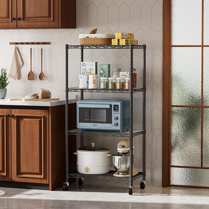 4 Tier Shelves Storage Shelf Wire Closet Bathroom Organizers Metal Pantry Kitchen Garage Shelving Unit Laundry Room Organization Home Rack Net Basket Black with Wheels 14”D X 24”W X 48.9”H