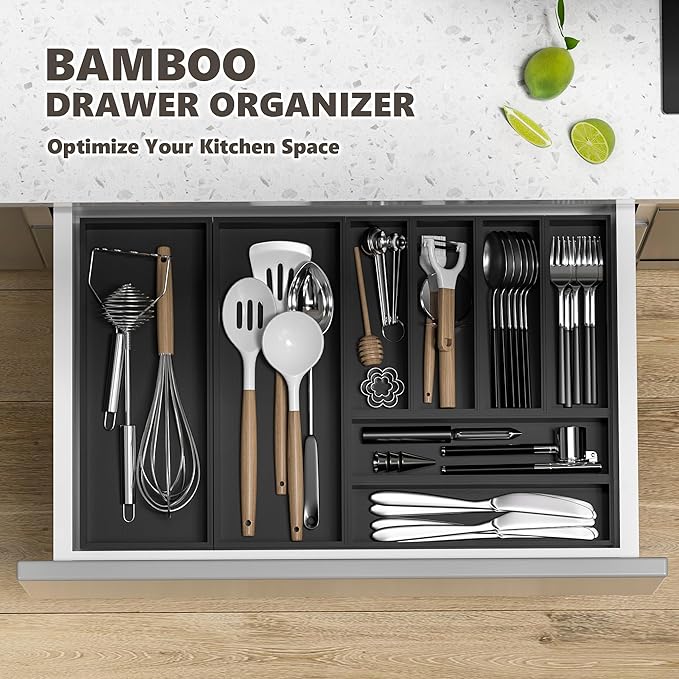 Greatseas Kitchen Drawer Organizer Bins, Black Bamboo Drawer Organizer Stackable for Silverware, Utensils, Cutlery, Flatware, Junk Drawer, Dresser, Bathroom, 9" x 3" x 2.5" (Set of 2)