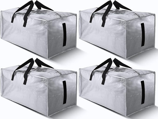 4 Pack Large Strong Bags with Zippers & Carrying Handles - Water-Resistant - Heavy Duty Storage Tote for Space Saving Storage, Fold Flat, Alternative to Moving Box (Silver)