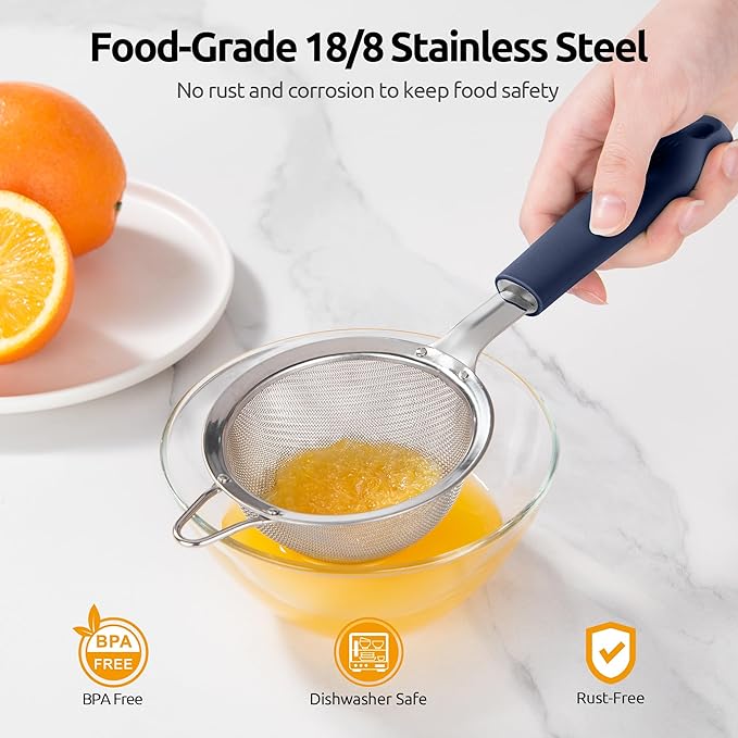 U-Taste Fine Mesh Food Strainer: 18/8 Stainless Steel 30 Mesh Kitchen Sieve with Sturdy Riveted Silicone Handle, Heavy Duty Deep Handheld Metal Colander (Small/3.35in+Medium/4.73, Midnight Blue)