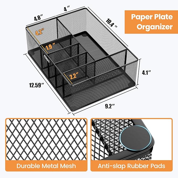 NUTUNI Paper Plate Organizer for Countertop, Metal Silverware Caddy for Plastic Spoon, Napkin, Utensils Holder with 6 Compartments for Party, Camping, Picnic, BBQ