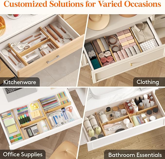 Lifewit 6 Pack Bamboo Drawer Dividers 2.4" High, 13-16.5" Kitchen Drawer Organizers, Adjustable Wooden Drawer Dividers for Clothes, Expandable Drawer Separators for Dresser, Bedroom, Bathroom, Cabinet