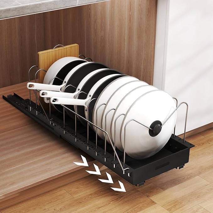 Expandable Pots and Pans Organizer Under Cabinet, Sliding Pot Lid Holder and Pan Rack in Kitchen,Pull Out Pan Organizers with 10 Adjustable Dividers, Slide Out Cookware Organizer for Kitchen Storage
