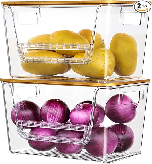 WARRIORS 2 Set Pantry Organizers,Stackable Potato and Onion Storage Bins with Bamboo Lids,Trash Bag Dispenser for 4-13 Gal Bags,kitchen Countertop Organizer for Produce or Snacks