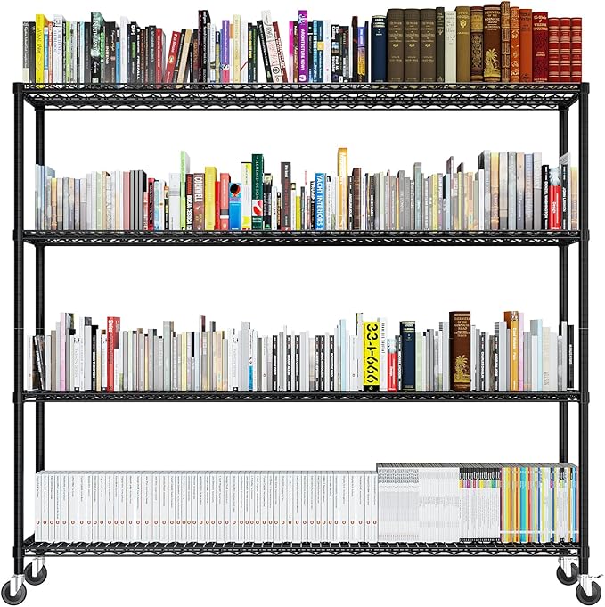 Karl home 4-Tier Metal Storage Shelves, Adjustable Wire Shelving Unit with Wheels & Leveling Feet, Heavy Duty Garage Shelving, Pantry & Kitchen Display Shelf Organizer, Home Storage Rack