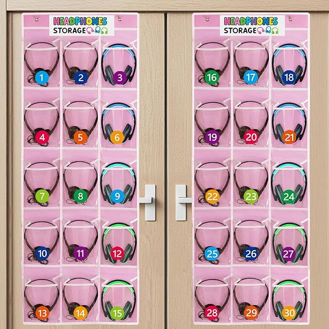 2 Pack Classroom Headphone Storage Organizer with 30 Pockets, PVC Clear Classroom Pocket Chart for Headphone Cell Phone Over-the-Door Hanging Headphone Holder Bag with 62 Labels(Pink)