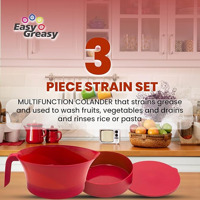 Easy Greasy Colander Grease Strainer With Handle And Container, Catch Bowl With Lid 3 Piece Strain Set | Strains Ground Beef, Bacon & Pasta | Safe Kitchen Gadget BPA Free | Made In The USA (Red)