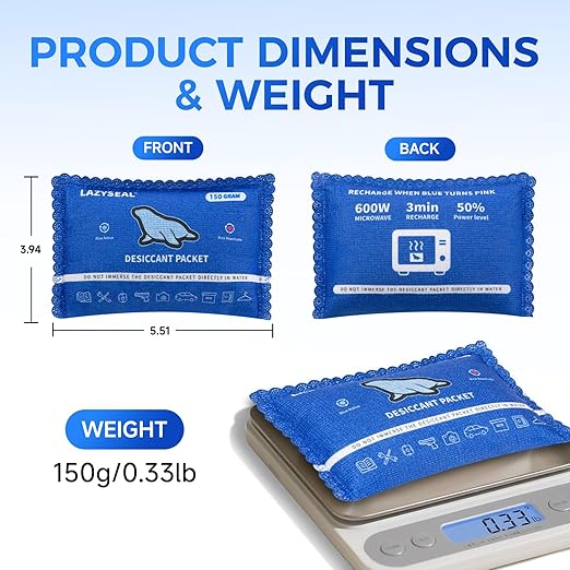 150g (6 Pack) Reusable Silica Gel Desiccant Packs for Storage Spaces Color-Changing Indicator Reusable Desiccant Packs for Storage Boxes, Wardrobes, Electronic Devices, 3D Printing Materials
