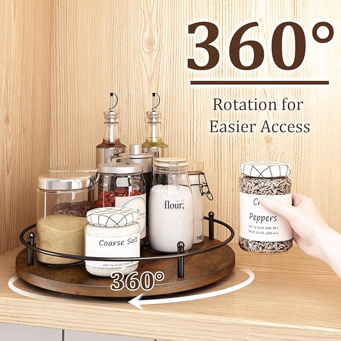LIAISIMI 12" Lazy Susan Turntable Organizer,Round Wooden Lazy Susan Organization and Rotating Spice Rack for Dining Table,Pantry,Kitchen Countertop,Vanity,Cupboard and More.Vintage Wood(Round)