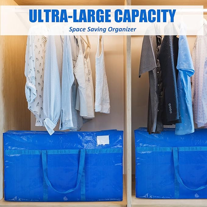 Windyun 4 Pack 41 Gallon Extra Large Moving Bags XXL Heavy Duty Storage Bag with Strong Zipper Handle Jumbo Big Tote Box Foldable for College Dorm Travel Clothes Duffle Blanket Pillow(Blue)