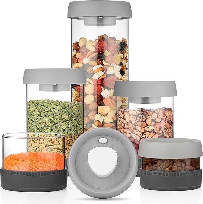 dokaworld Glass Canisters Set - Kitchen Leakproof Seal Food Storage Jars - Coffee Bean Container - Pack of 5 Glass Canisters With Vacuum Airtight Lids for Cereal, Pet Treats, Nuts, Candy