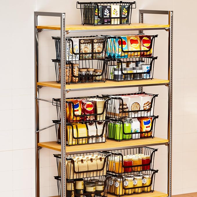 6 Pack Enhanced Leak-Proof Bottom Stackable Wire Baskets, Pantry Organizers and Storage, pantry storage，Shelf Baskets, Fruit Basket, Potato and Onion Storage Bins，(Black)