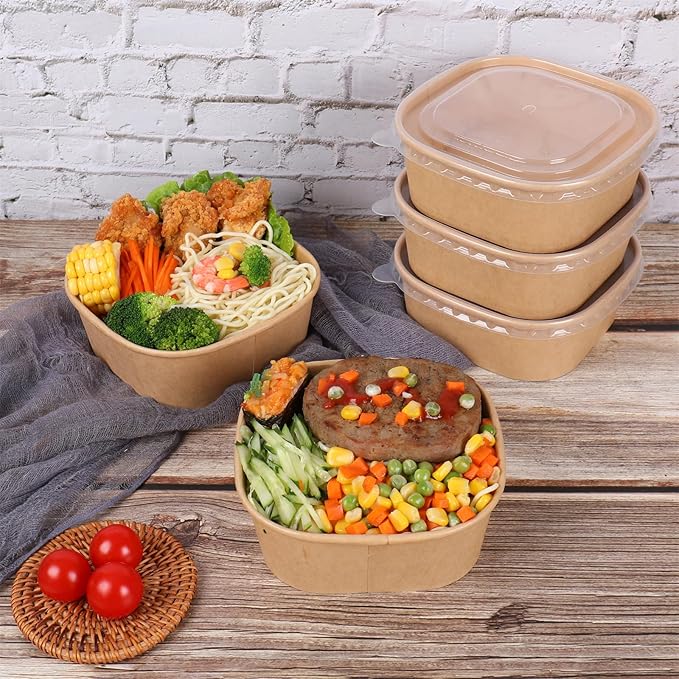 JAYEEY 25 oz Disposable Kraft paper bowls with lids, Food containers Soup Bowls Party Supplies Treat Bowls 50 Pack