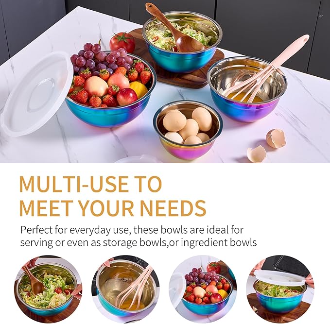 Moxinox Colorful Mixing Bowls with Airtight Lids, Stainless Steel Nesting Mixing Bowls Set of 7, Ideal for Baking, Prepping and Serving Food, Size 7, 3.6, 2.7, 2.1, 1.5, 1.1,0.8 QT, Stackable Design
