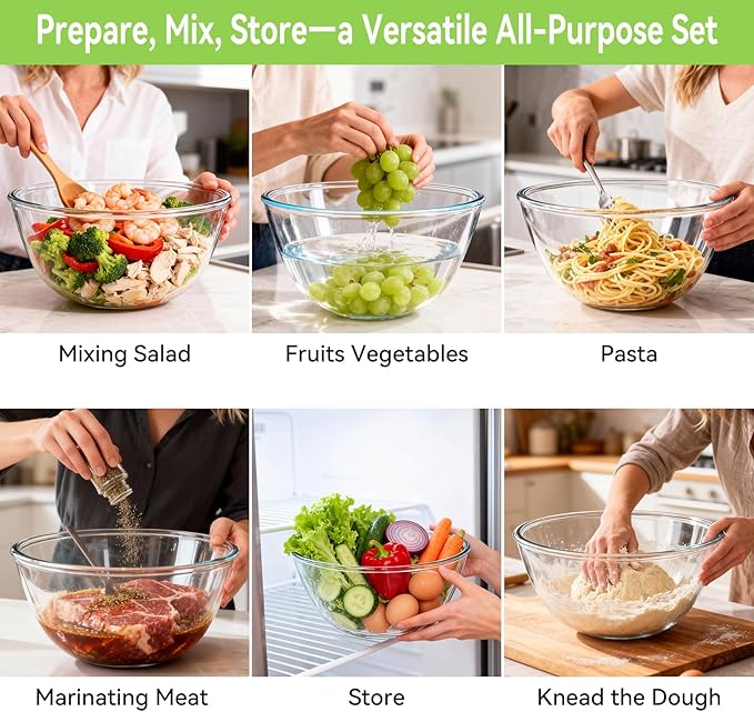 YUANYE 5 Pack Glass Mixing Bowls with Lids Set (5/2.5/1.5/0.9/0.6QT), Thick Glass Large Salad Bowl Set, Nesting Kitchen Bowls for Serving, Prepping, Cooking and Baking, Dishwasher,Oven,Microwave Safe