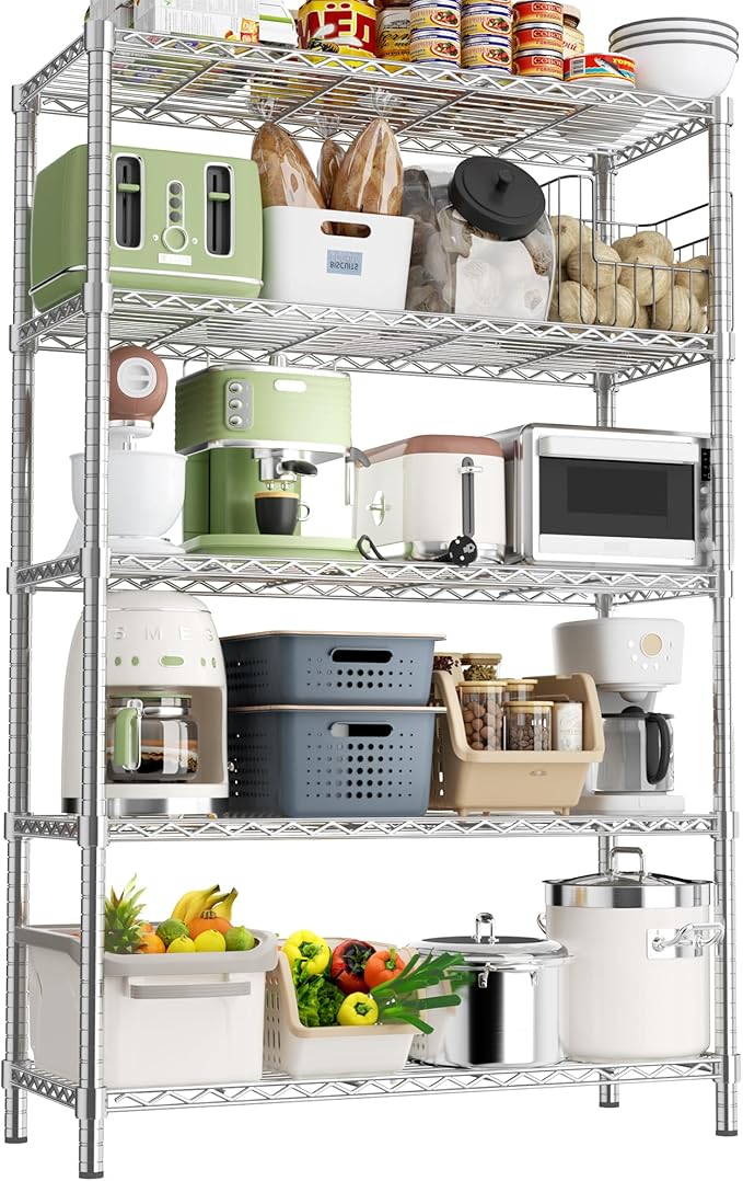 Storage Shelves Heavy Duty, 36" L x 14" W x 72" H Garage Wire Shelving Unit Loads 1750LBS, 5-Tier Adjustable Metal Industrial Utility Shelf Rack for Kitchen, Laundry Room, Pantry, Warehouse, Basement