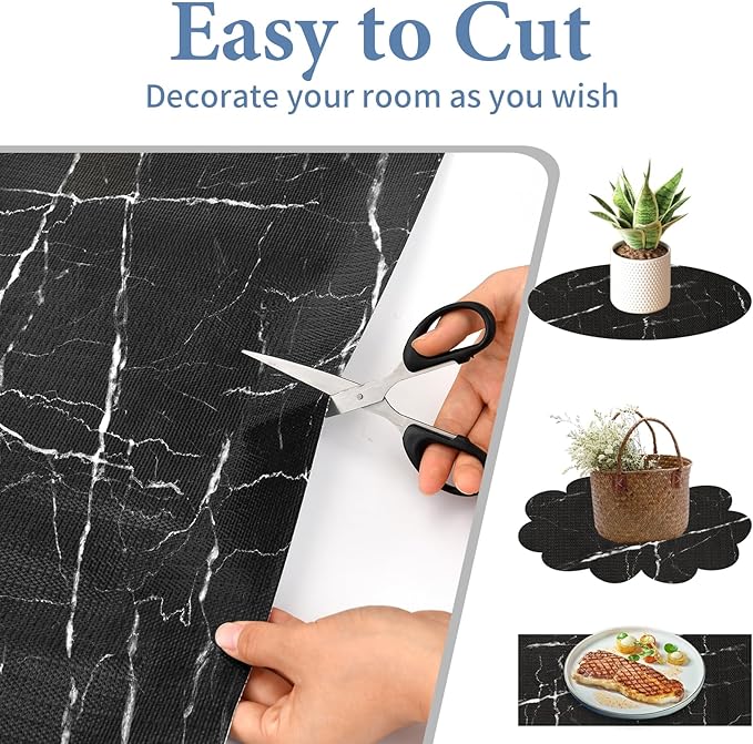Drawer and Shelf Liner for Kitchen Cabinet: 12 in X 30 Ft Non Slip Waterproof Shelf Paper Non Adhesive Refrigerator Liners Black Marble Easy Liners for Bathroom with Knife Tape Measure