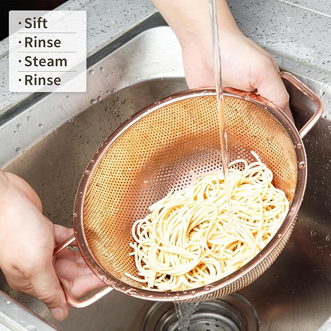 BLAGAIN Colander 3-Quart with Handle, Food Metal Strainer for Kitchen Sink, Pasta Pot for Noodles Vegetables and Fruits, Stainless Steel, Rose Gold