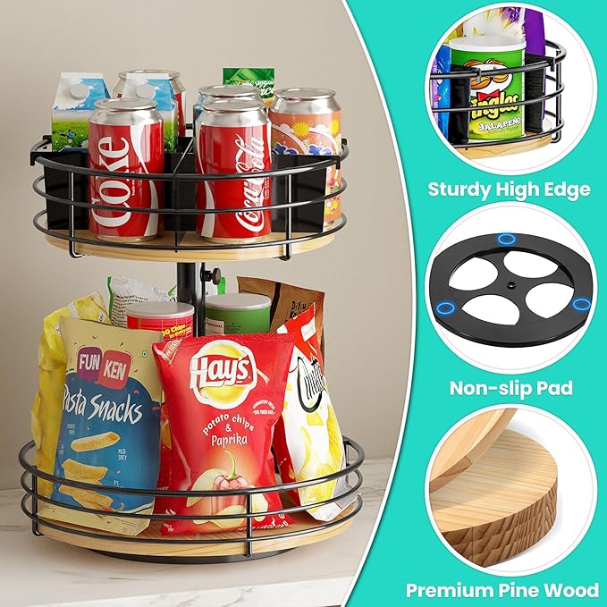 HISKIWUU 2-Tier Rotating Snack Organizer - Height Adjustable Lazy Susan Turntable for Kitchen Countertop, Black