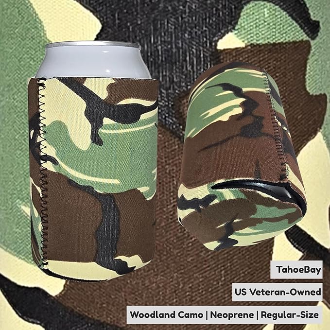 TahoeBay Neoprene Can Cooler Sleeves (50-Pack) Bulk Blank Sublimation Blanks for Vinyl Regular Size Plain Beer Coolers for Soda Cans & Bottles Black, White, Solid Color Set (Woodland Camo)