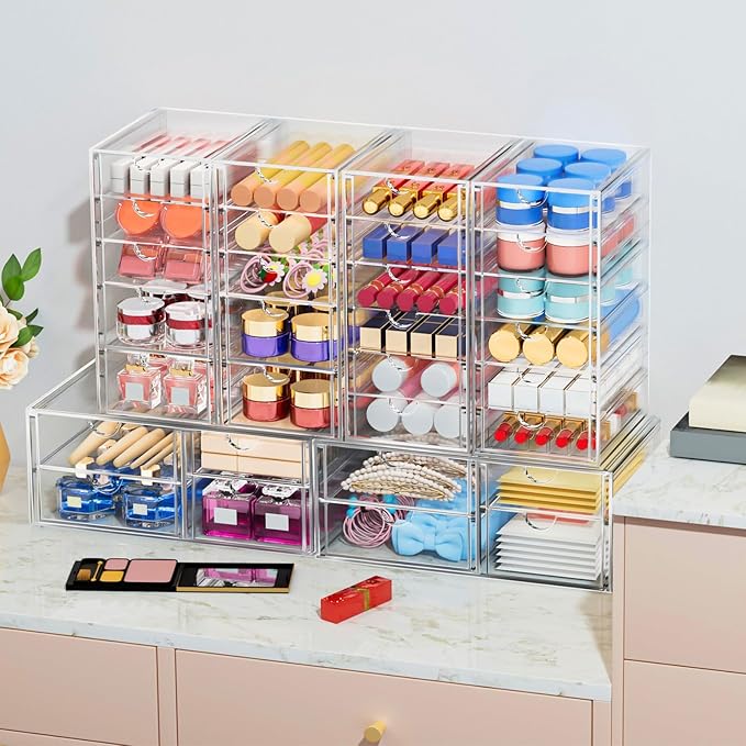 caktraie Makeup Organizer Storage with 30 Drawers, 6 Pcs Desktop Office Supplies, Desk Organizers, Clear Accessories, Dustproof Drawer and for Make Up, Jewelry, Pen, Stationary