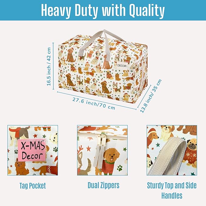 VENO 6 Pack Moving Bags and Large Christmas Decoration Storage Bins with lids. Alternative to Moving Boxes, Packing Supplies for College. Heavy Duty Totes (Holiday Pups, 6 Pack)