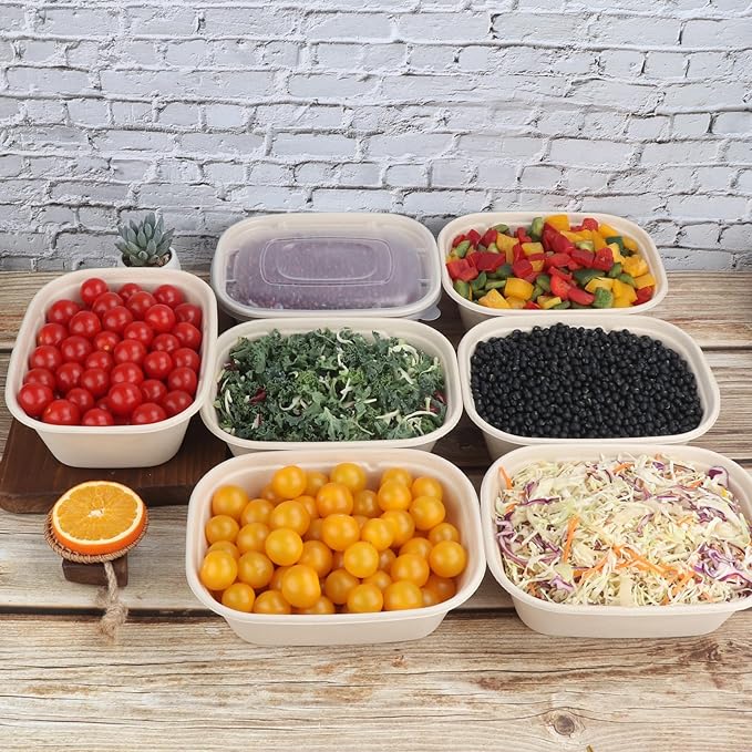 JAYEEY 44 oz Disposable salad bowls with lids, Sugarcane Fiber Paper Bowls take away Bagasse food containers meal prep deli container 50 Pack