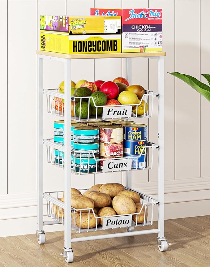 4-Tier Small Kitchen Storage Cart on Wheels with Pull-Out Drawers, Rolling Pantry and Snack Organizer Cart with Wood Top, Kitchen Floor Fruit Basket Stand for Fruit Potato Onion Veggie Snack