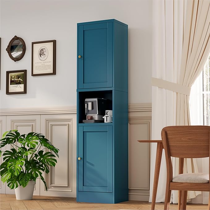 YAUWOH 2-Door Metal Storage Cabinet, Tall Slim Pantry Organizer with 3 Adjustable Shelves (120LBS/Shelf), Anti-Tipping Waterproof Cabinet for Bathroom/Kitchen/Home Office/Small Spaces,(1PC,Blue)