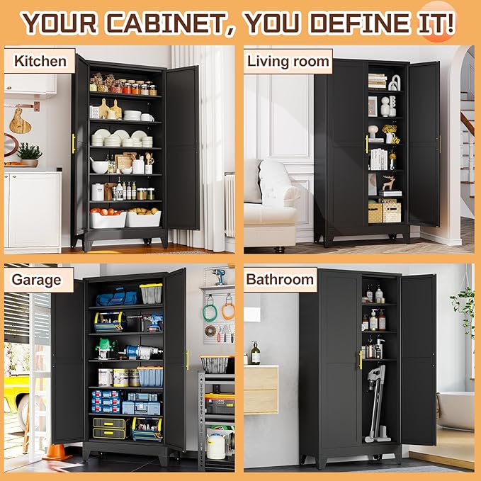 PAOFIN 75" Metal Kitchen Pantry Cabinet,Black Storage Cabinet with Doors and 5 Adjustable Shelves, Cabinet with 2 Metal Handles,Tall Cabinet for Livingroom,Pantry, Bathroom,Kitchen