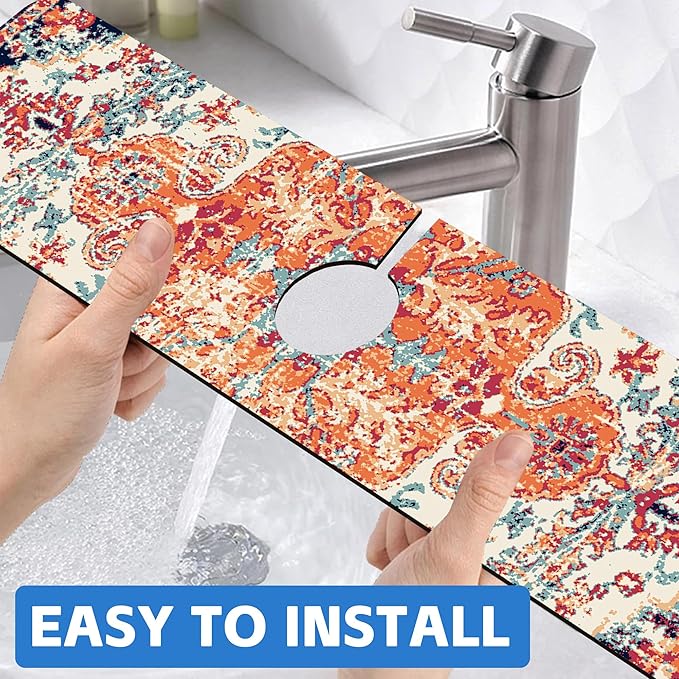 Oriental Turkish Carpet Pattern Red Dish Drying Mat for Kitchen Sink Splash Guard Behind Faucet Sink Mat Absorbent Fast Drying Faucet Draining Mat for Bathroom Kitchen 5.5"×24"