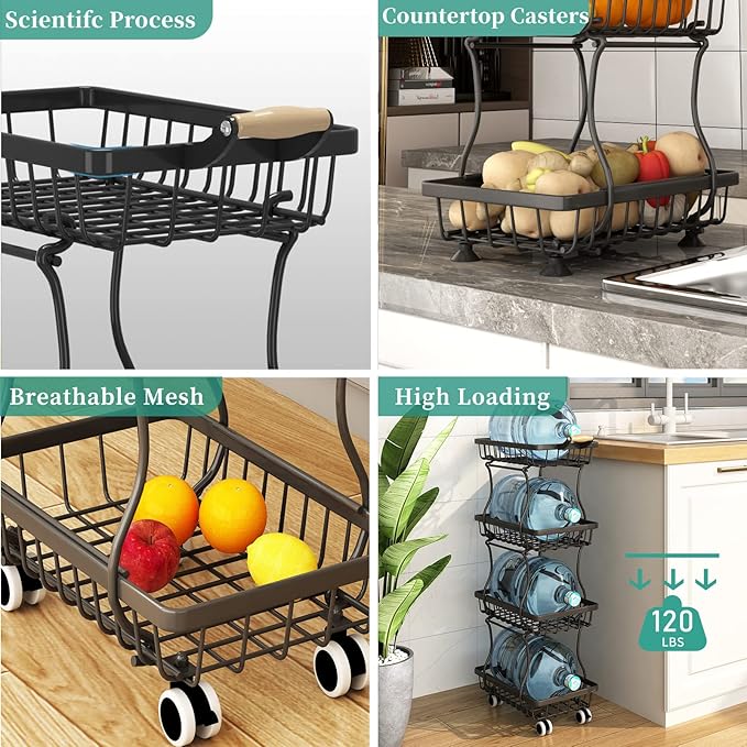 4 Tier Slim Fruit Basket for Kitchen, Stackable Metal Wire Fruit Vegetable Storage Baskets Organizer Stand on Wheels, Produce Basket Potato Onion Storage Bins Rack for Pantry. (Black)