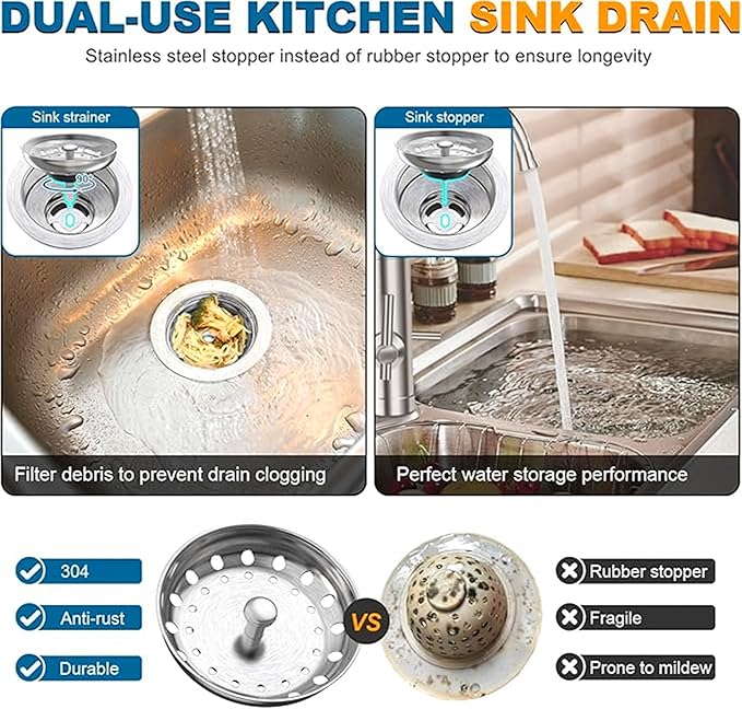 3-1/2 Inch Kitchen Sink Drain Assembly with Strainer Basket/Drain Stopper, All Stainless Steel Sink Drain Kit Durable and Rustproof