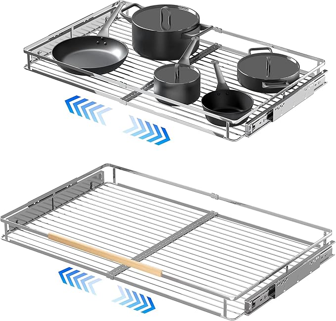 2Pack Expandable Pull Out Cabinet Organizer, 23~39.8"W x 22.5"D Heavy Duty Slide Out Shelves Adjustable Height Cabinet Pull Out Shelves,Expandable Width Spice Rack Organizer for Kitchen Cabinet