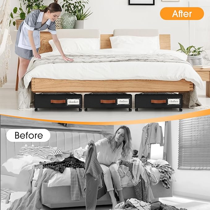 Under Bed Storage with Wheels 3Pack Storage Containers with Clear Window&Label Under Bed Drawers Rolling Under Bed Storage for Clothes,Shoes, Blankets (30.71 x 16.93 x 6.69 in, Black)