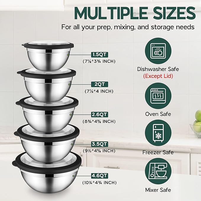 Onader Stainless Steel Mixing Bowls with Black Lids, Metal Nesting Mixing Bowl Set of 5 - Size 1.5, 2, 2.6, 3.5, 4.6QT