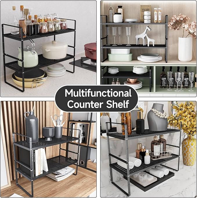jkxoo Expandable Cabinet Countertop Shelves 16.5-27’’L, Adjustable Metal Spice Rack Organizer, Stackable Kitchen Counter Storage Shelves Organizers for Cabinet Organization, Black