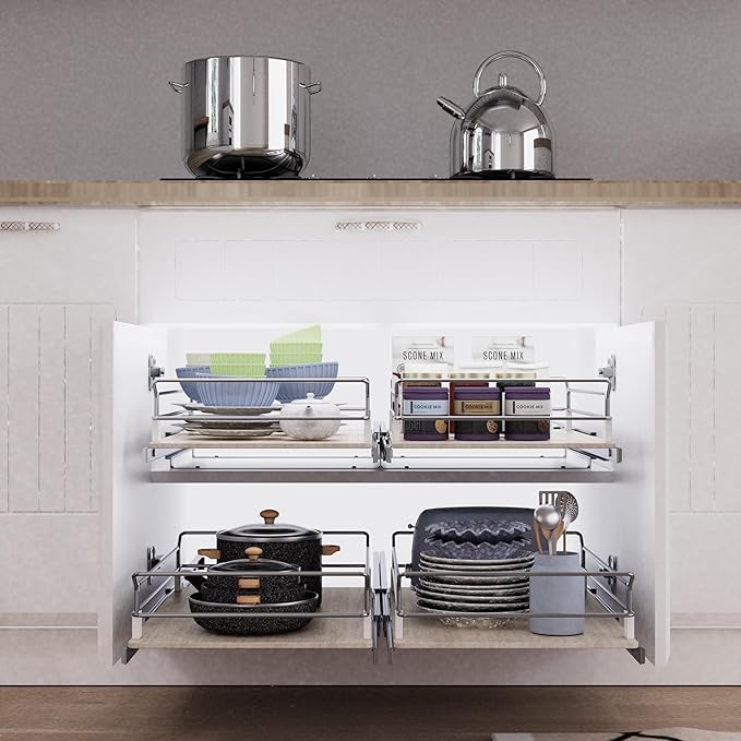 Pull Out Cabinet Organizer 11" W X 22" D, Slide Out Drawers For Kitchen Organizers and Storage, Pull Out Drawers For Cabinets Capacity Heavy Duty Caddy, Cabinet Shelves Wood Chrome, Pantry Storage