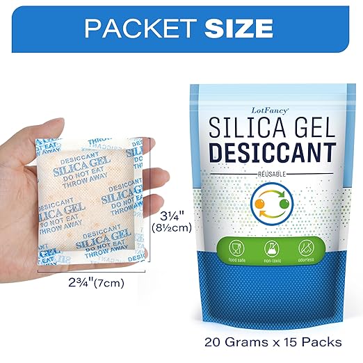 LotFancy 15 Packs 20Gram Silica Gel Desiccant Packets, Non-Toxic Food Safe Moisture Absorber Bag for Gun Camera Cabinet Closet Storage, Pet Food Desiccant, Odorless