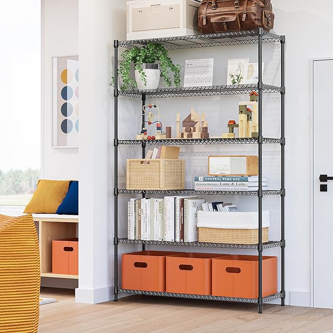 6 Tiers Storage Shelves Load 2100LBS, Metal Shelving Wire Metal Shelving Unit Shelves for Storage Adjustable Garage Shelving for Pantry Kitchen Garage Black 17.7" D x 47.3" W x 82.4" H