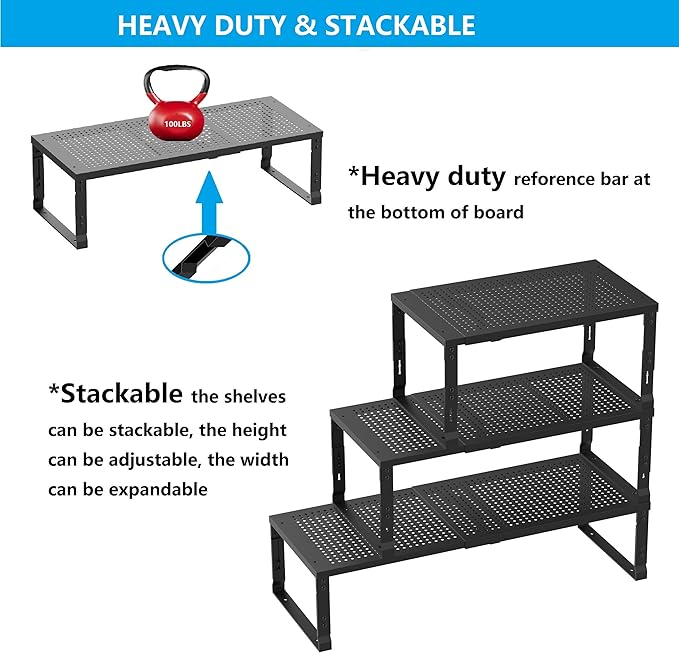 Wobmmi Expandable Spice Rack,Stackable Storage for Cabinet, Multi-Functional Kitchen Shelving,Height-Adjustable,Sustainable Organizer Solution(1Pack/Black/Large)
