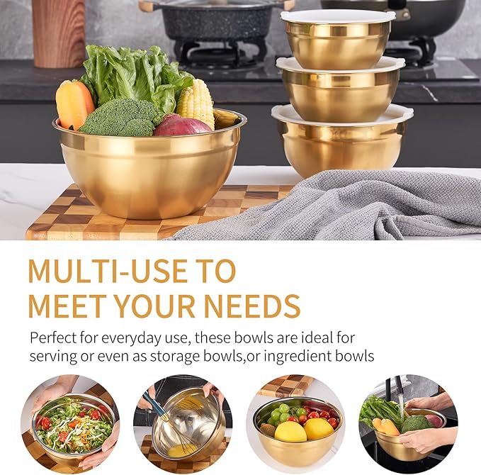 Moxinox Gold Mixing Bowls with Airtight Lids, Stainless Steel Nesting Mixing Bowls Set of 7, Ideal for Baking, Prepping and Serving Food, Size 7, 3.6, 2.7, 2.1, 1.5, 1.1,0.8 QT, Stackable Design