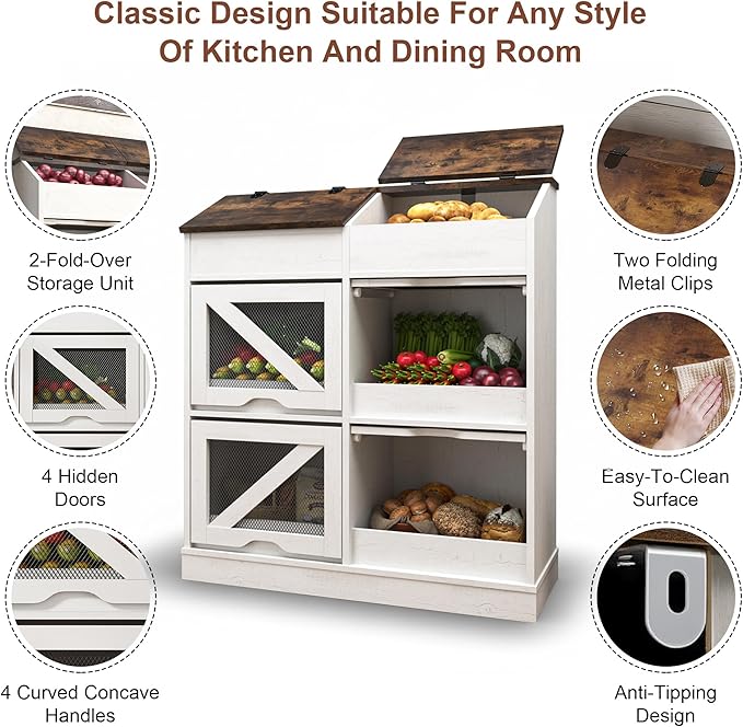 Potato Storage Bin Bread Box with Lid,Rustic Onion&Fruit Organizer with Wood Hidden Door,Farmhouse Grocery Section Decorative,Vegetable Organization Cabinet W/Mesh Door for Kitchen Dining Room(White)