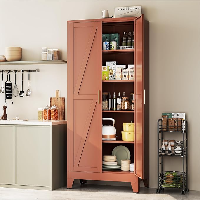 YAUWOH 71''Metal Cabinet with 4 Adjustable Shelves,5-Tier Pantry Storage Cabinet,Kitchen Pantry Cabinet for Living Room,Dining Room, Antique Copper
